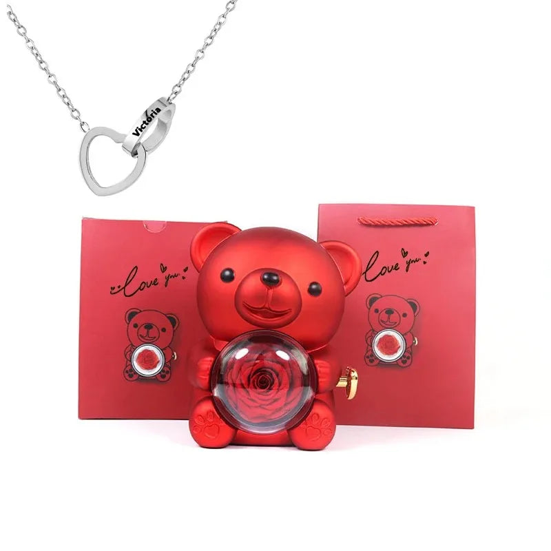 Boîte Cadeau Eternal Rose en Forme d'Ours avec Collier - Coffret Bijoux Rotatif pour Femme et Petite Amie, Idéal Saint-Valentin et Mariage