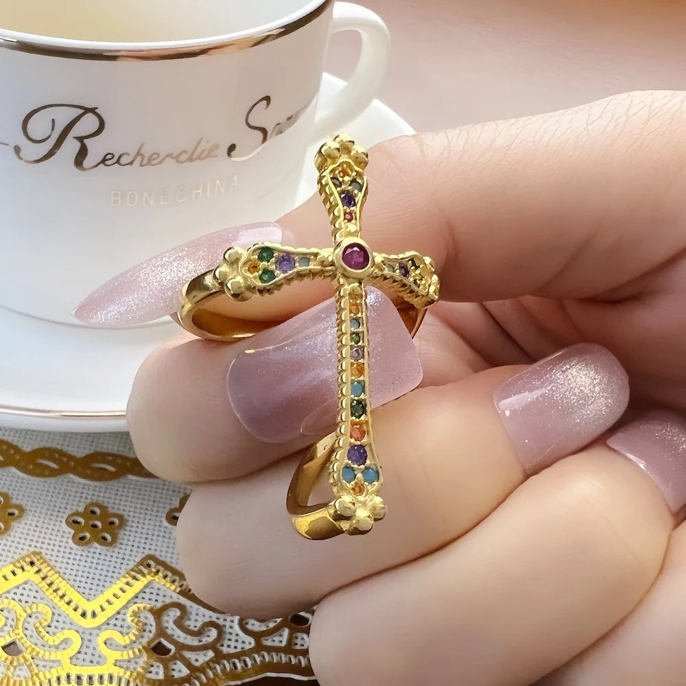 Bague Colourful Royalty Cross Gold - Modèle Victoire Neuf - Vintage Cadeau Fine Jewerly Pour Femmes En 925 Argent Sterling