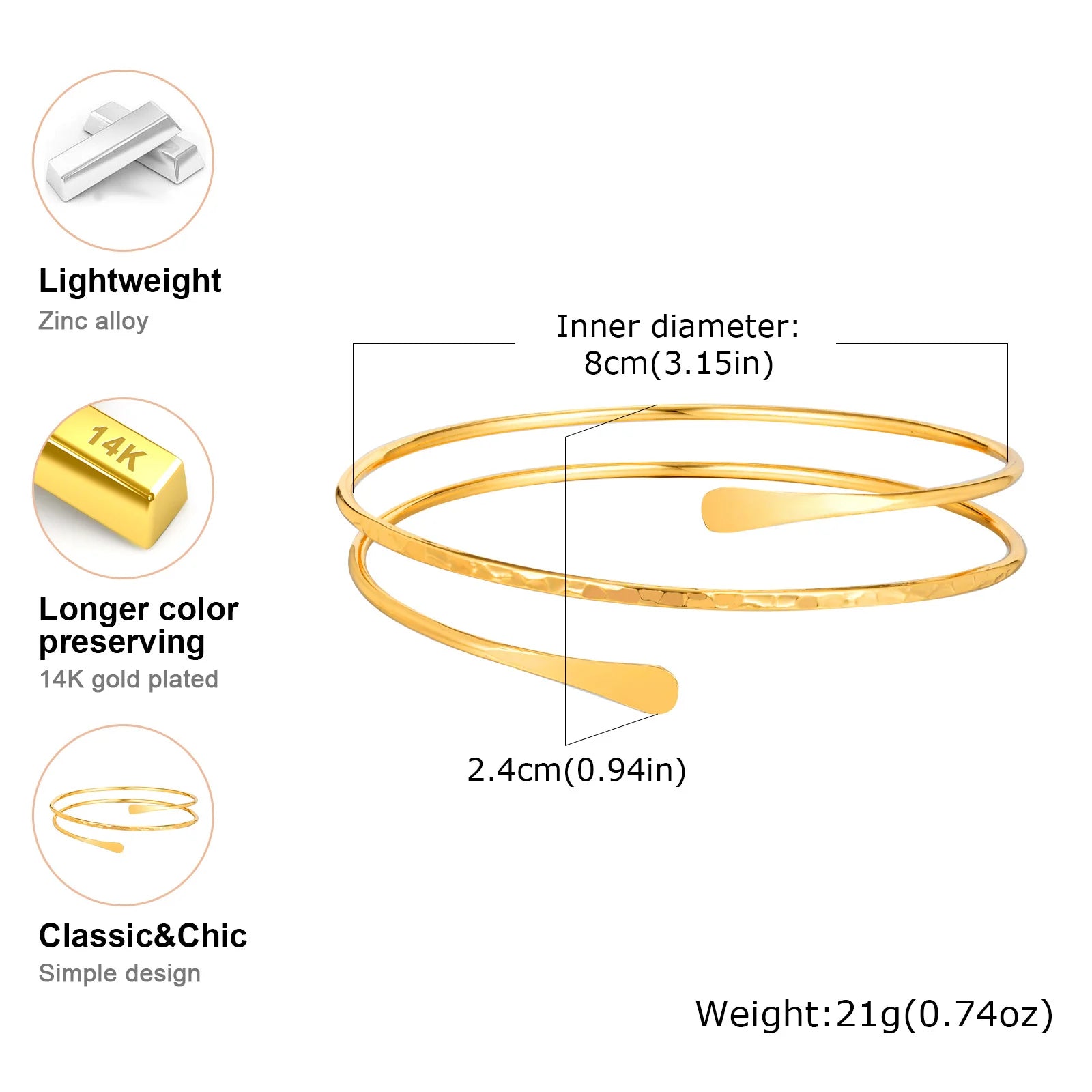 Bracelet Manchette Haut de Bras Minimaliste – Plaqué Or & Argent pour Femme