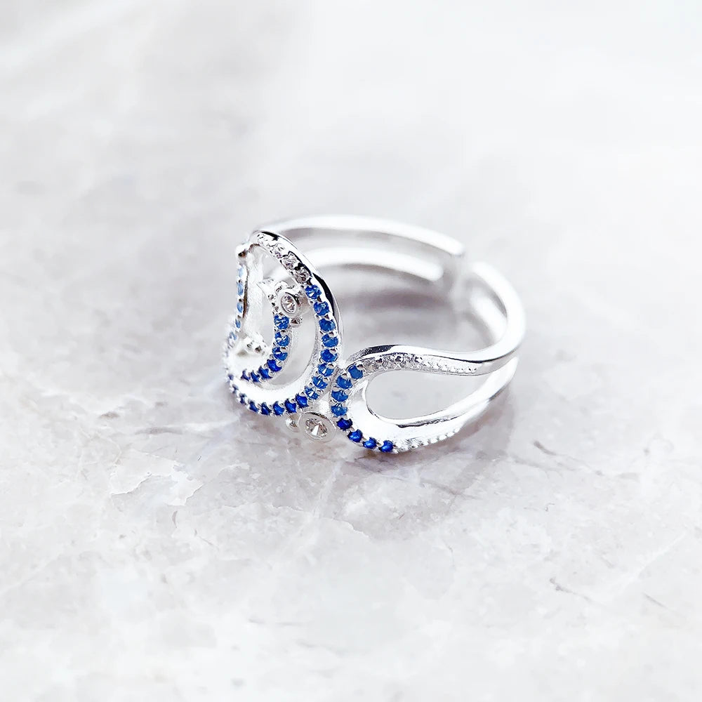 Anneau Vague avec Pierres Bleues - Nouveauté - Fine Joaillerie - Argent Sterling 925 Pur - Tendance - Cadeau pour Femmes