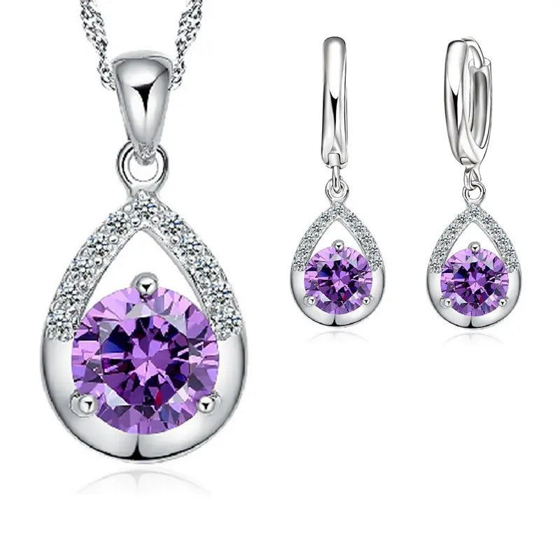 Ensemble de Bijoux de Mariée en Argent Sterling 925 avec Collier en Goutte d'Eau Cristal et Boucles d'Oreilles Créoles