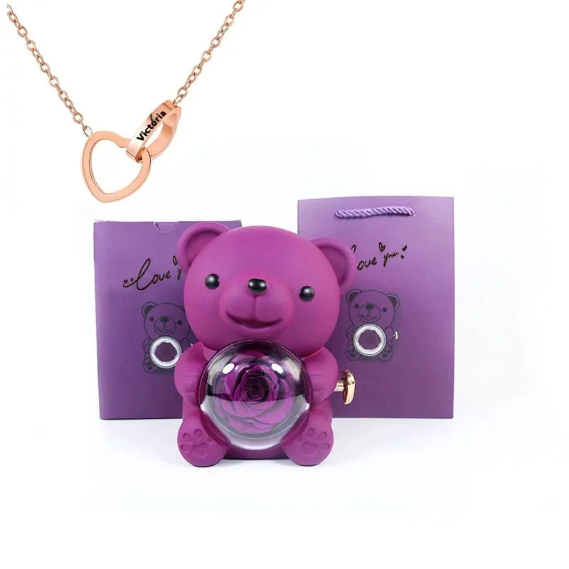 Boîte Cadeau Eternal Rose en Forme d'Ours avec Collier - Coffret Bijoux Rotatif pour Femme et Petite Amie, Idéal Saint-Valentin et Mariage