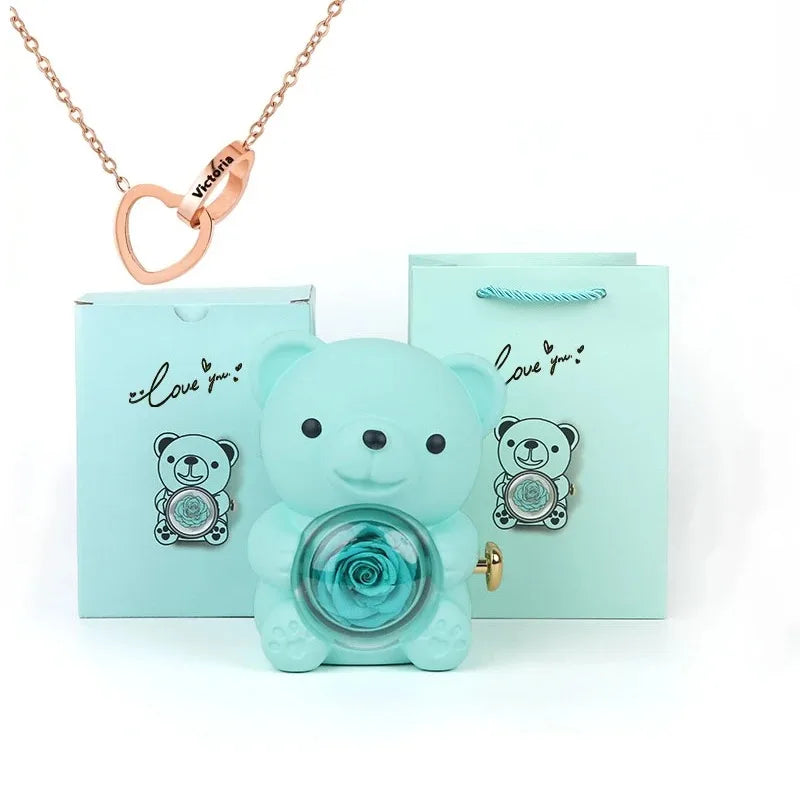 Boîte Cadeau Eternal Rose en Forme d'Ours avec Collier - Coffret Bijoux Rotatif pour Femme et Petite Amie, Idéal Saint-Valentin et Mariage