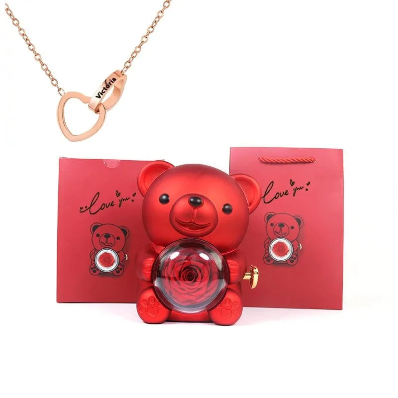 Boîte Cadeau Eternal Rose en Forme d'Ours avec Collier - Coffret Bijoux Rotatif pour Femme et Petite Amie, Idéal Saint-Valentin et Mariage