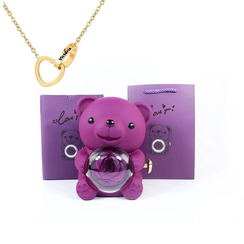 Boîte Cadeau Eternal Rose en Forme d'Ours avec Collier - Coffret Bijoux Rotatif pour Femme et Petite Amie, Idéal Saint-Valentin et Mariage