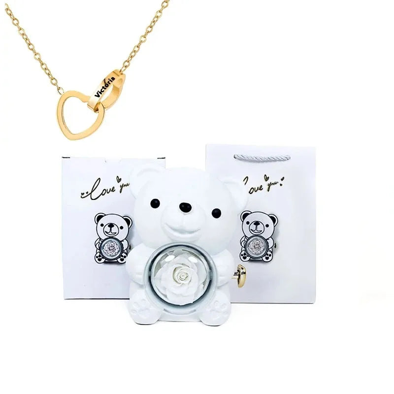 Boîte Cadeau Eternal Rose en Forme d'Ours avec Collier - Coffret Bijoux Rotatif pour Femme et Petite Amie, Idéal Saint-Valentin et Mariage