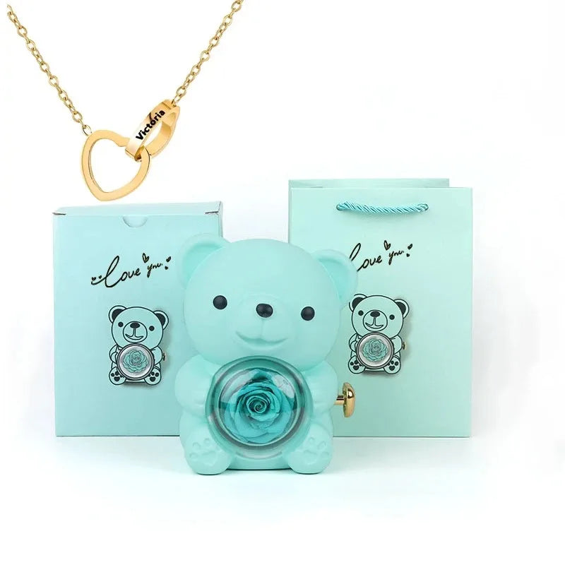 Boîte Cadeau Eternal Rose en Forme d'Ours avec Collier - Coffret Bijoux Rotatif pour Femme et Petite Amie, Idéal Saint-Valentin et Mariage