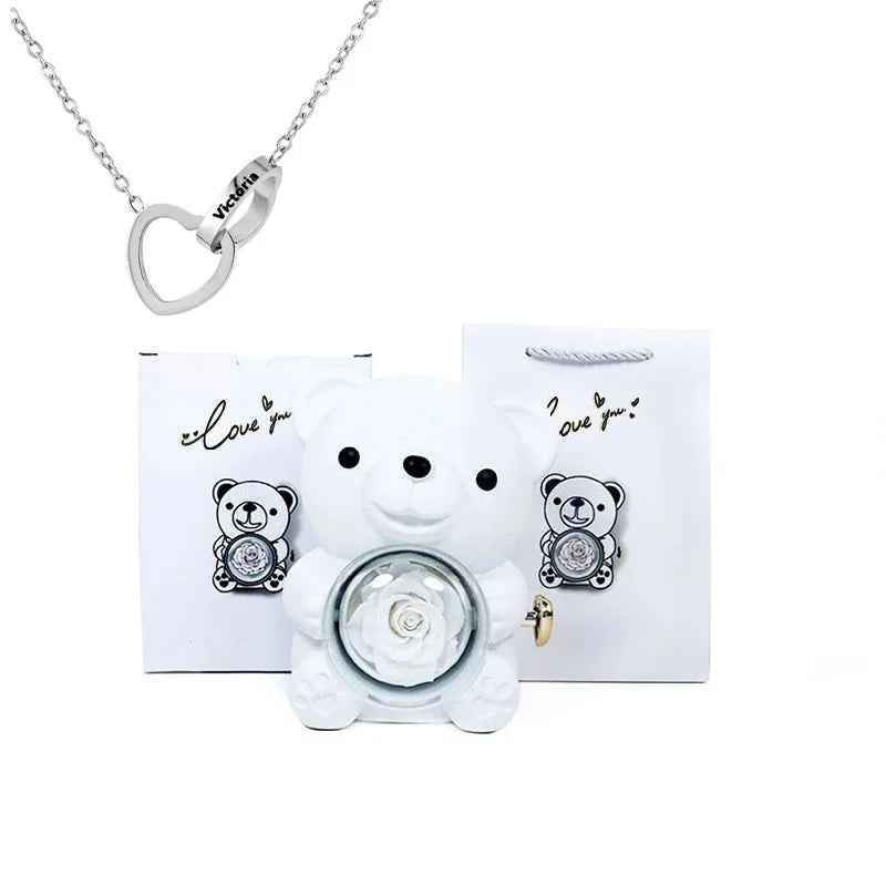 Boîte Cadeau Eternal Rose en Forme d'Ours avec Collier - Coffret Bijoux Rotatif pour Femme et Petite Amie, Idéal Saint-Valentin et Mariage