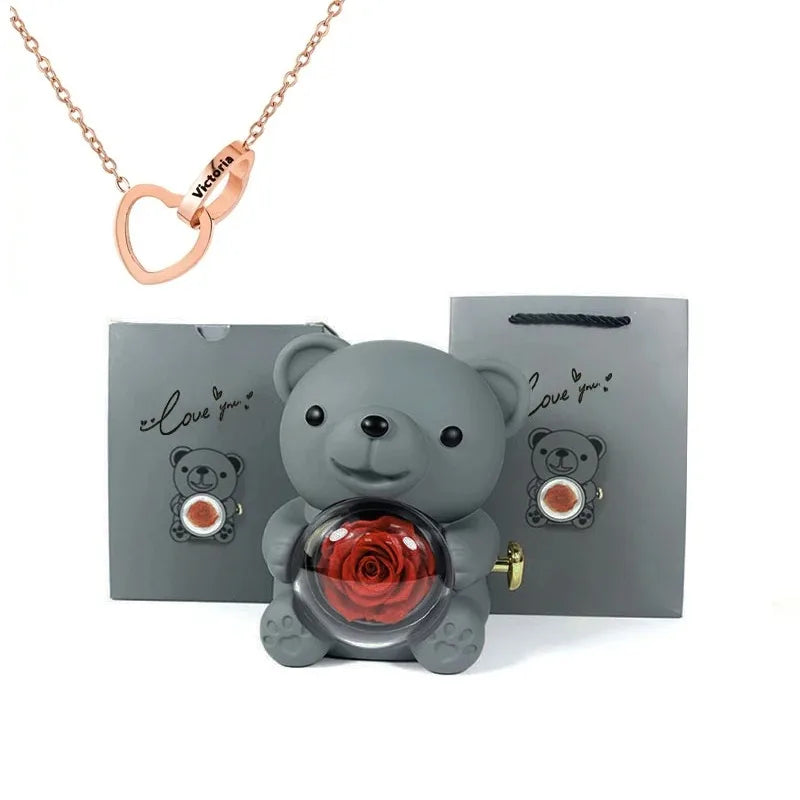 Boîte Cadeau Eternal Rose en Forme d'Ours avec Collier - Coffret Bijoux Rotatif pour Femme et Petite Amie, Idéal Saint-Valentin et Mariage