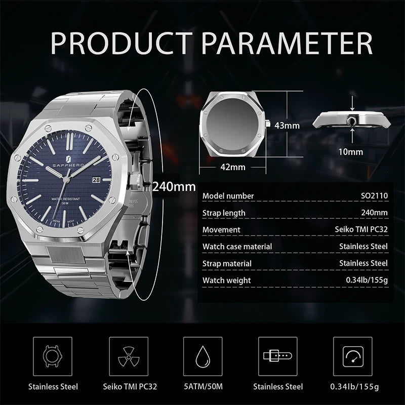 Montre Homme SAPPHERO – Coffret Cadeau, Acier, Quartz Japonais & Étanche