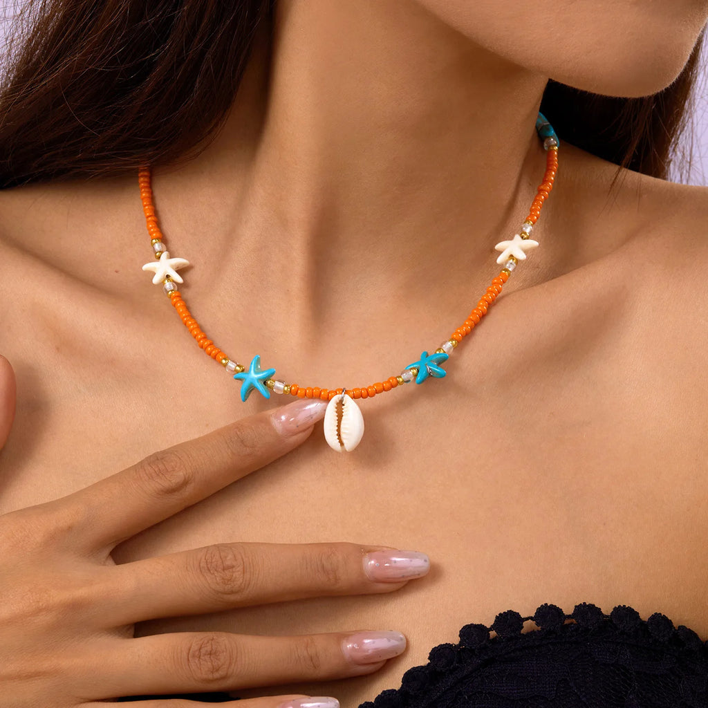 Bohemia Multicolour Bead Shell Pendant Necklace for Women Fashion Summer Adjustable Geometric Jewelry Holiday Beach Gift