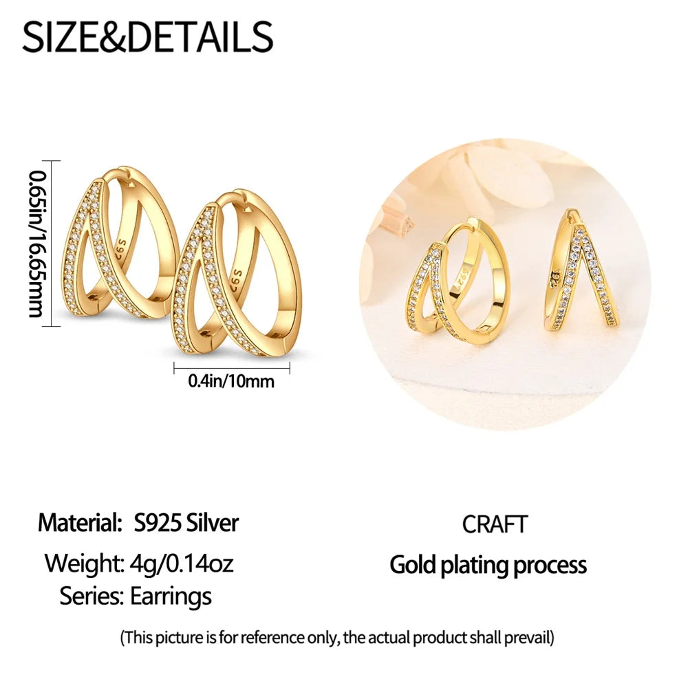 Boucles d’Oreilles Créoles en Argent Sterling 925 - Double Anneaux Pavés Style Classique pour Femme