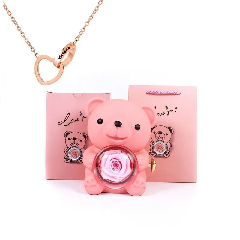 Boîte Cadeau Eternal Rose en Forme d'Ours avec Collier - Coffret Bijoux Rotatif pour Femme et Petite Amie, Idéal Saint-Valentin et Mariage