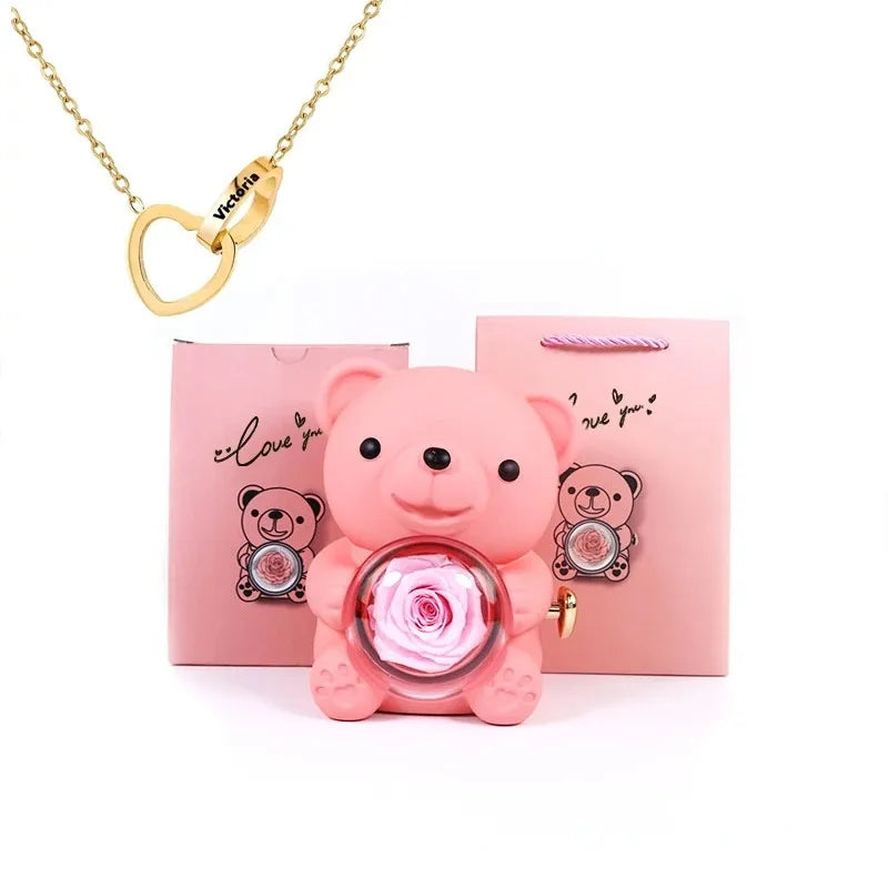 Boîte Cadeau Eternal Rose en Forme d'Ours avec Collier - Coffret Bijoux Rotatif pour Femme et Petite Amie, Idéal Saint-Valentin et Mariage
