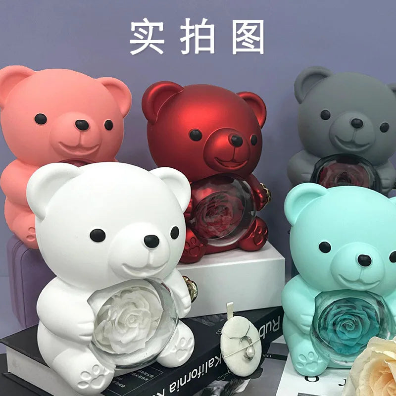 Boîte Cadeau Eternal Rose en Forme d'Ours avec Collier - Coffret Bijoux Rotatif pour Femme et Petite Amie, Idéal Saint-Valentin et Mariage