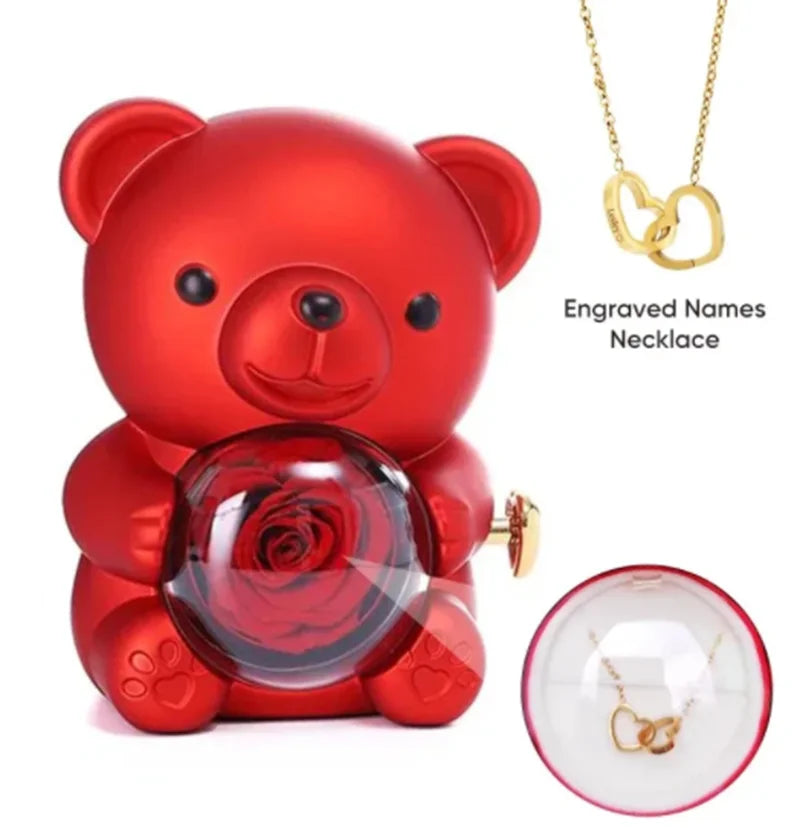 Boîte Cadeau Eternal Rose en Forme d'Ours avec Collier - Coffret Bijoux Rotatif pour Femme et Petite Amie, Idéal Saint-Valentin et Mariage