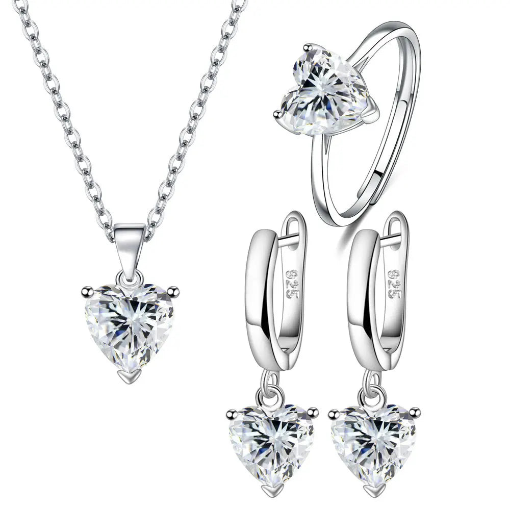 Ensemble de Bijoux en Argent Sterling 925 pour Femmes avec Bague, Boucles d'Oreilles et Collier Zircon Coeur