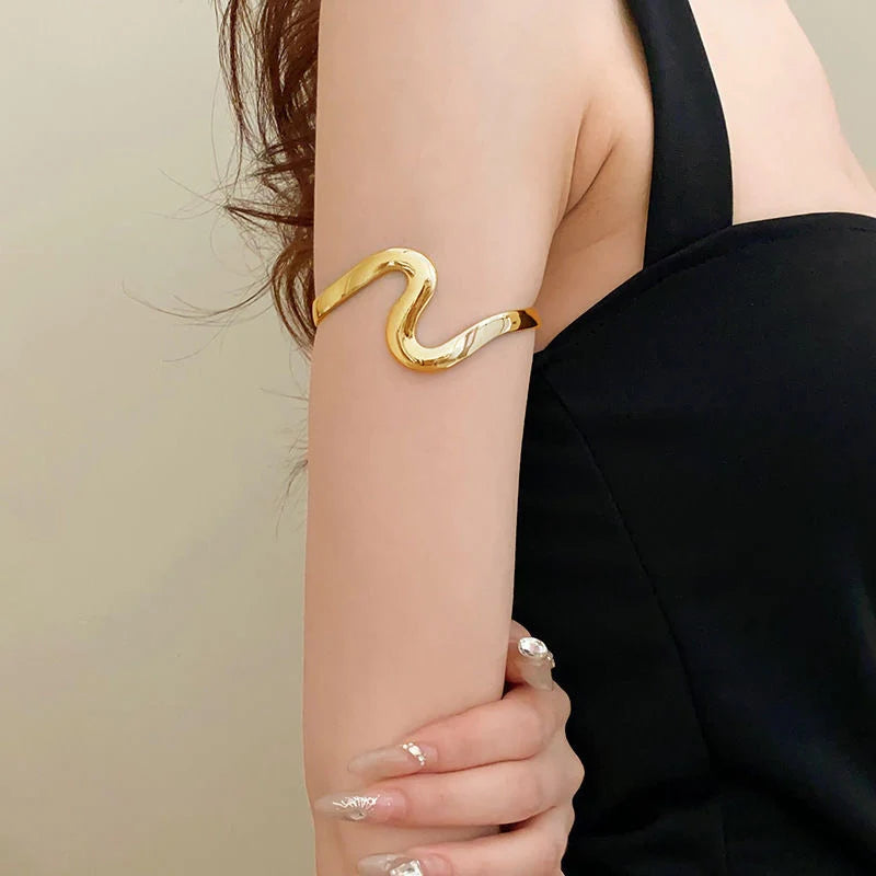 Boho Punk Metal Leaf Flower Upper Arm Bracelet For Women Girl Fashion Geometric Open Cuff Bangle Adjustable Armband Jewelry Gift